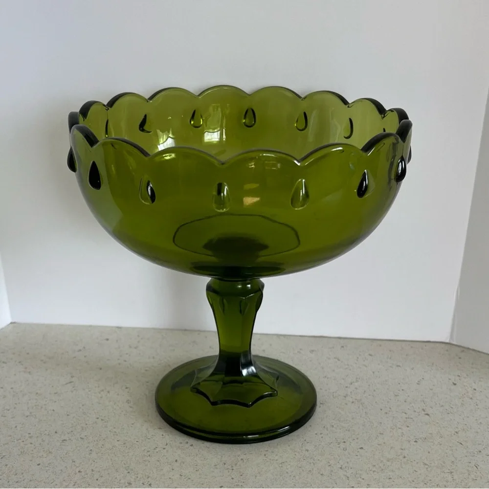 Vintage Pedestal Olive Green Indiana Glass Compote Candy Dish Bowl 7.5” X 7.5”